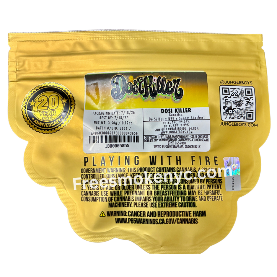 Jungle Boys hybrid strain Dosi Killer packaging on a transparent background 