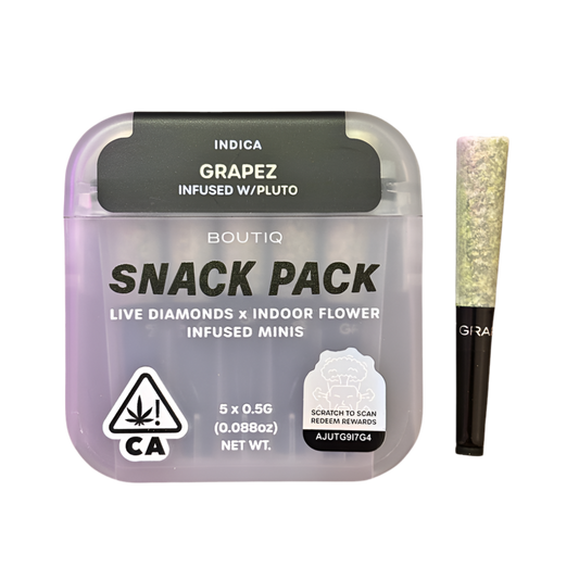 BOUTIQ “SNACK PACK” ”GRAPEZ” INFUSED WITH “PLUTO” PRE-ROLL PACK; INDICA STRAIN