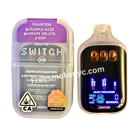 Boutiq Switch V5 Phantom Edition 3 in 1 Disposable Vape and packaging on transparent background 