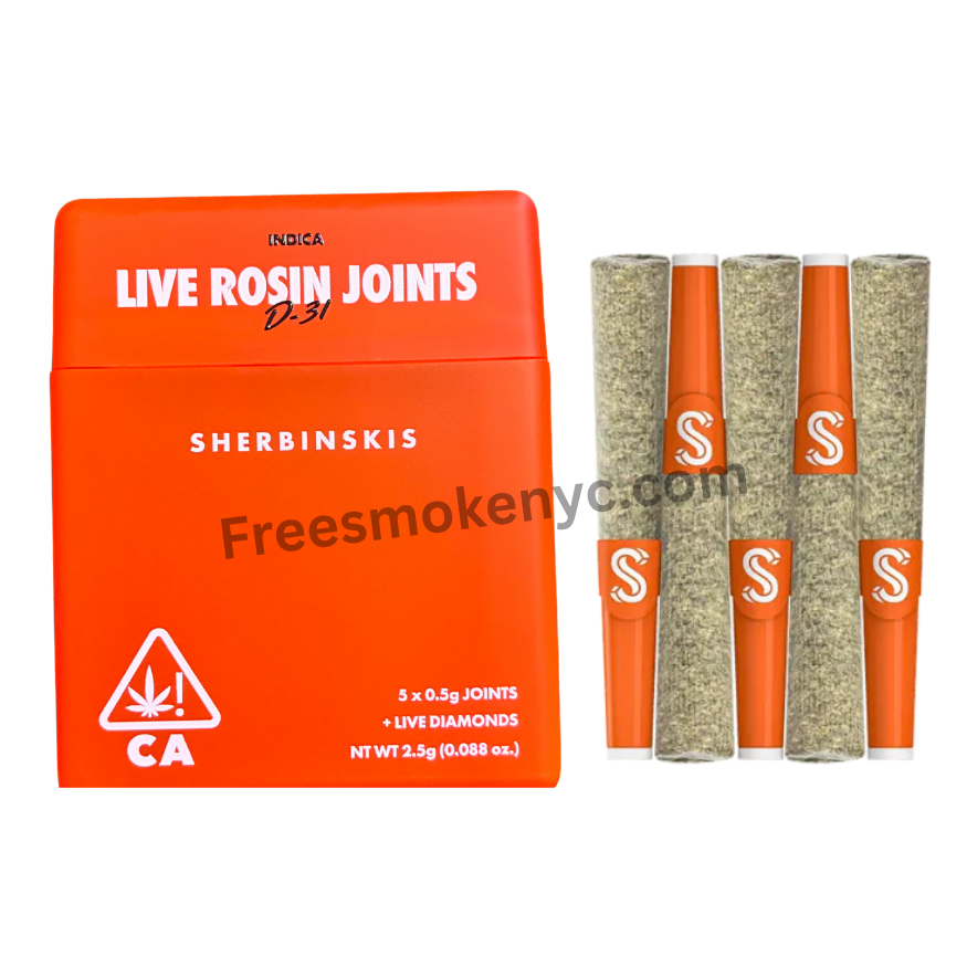 Sherbinskis D-31 indica strain live rosin-infused pre-roll multipack showcasing sophisticated packaging and a pre-roll on a transparent background.
