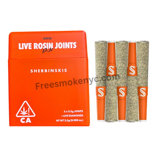 Sherbinskis D-31 indica strain live rosin-infused pre-roll multipack showcasing sophisticated packaging and a pre-roll on a transparent background.