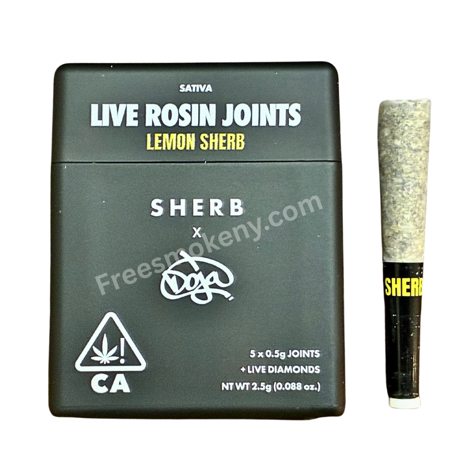 Sherbinski x Doja Lemon Sherb infused pre-roll and packaging on a transparent background