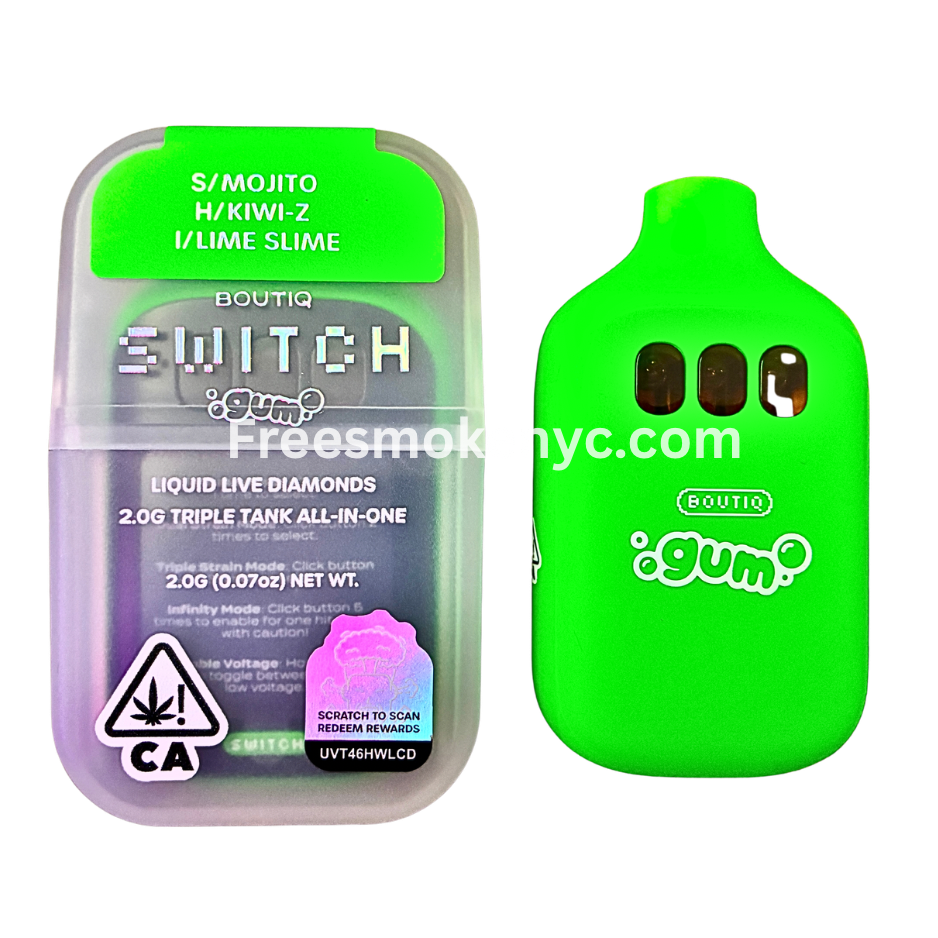 Boutiq Switch Gum Edition 3 strains in 1 disposable vape on transparent background 
