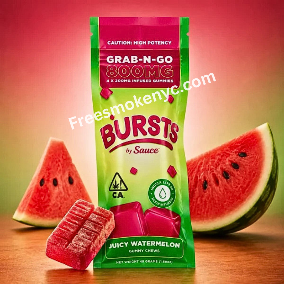 Bursts by Sauce Juicy Watermelon Live Resin Infused Gummy and packaging on a colorful background 