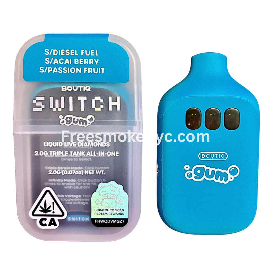 Boutiq Switch Gum Edition 3 strains in 1 Diesel Fuel, Açaí Berry, passion fruit disposable vape device on transparent background 