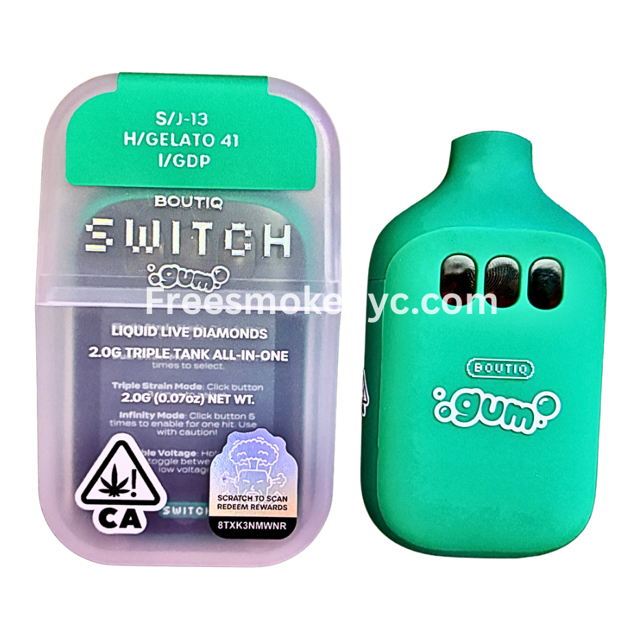 Boutiq Switch Gum Edition 3 strains in 1 disposable vape on transparent background 