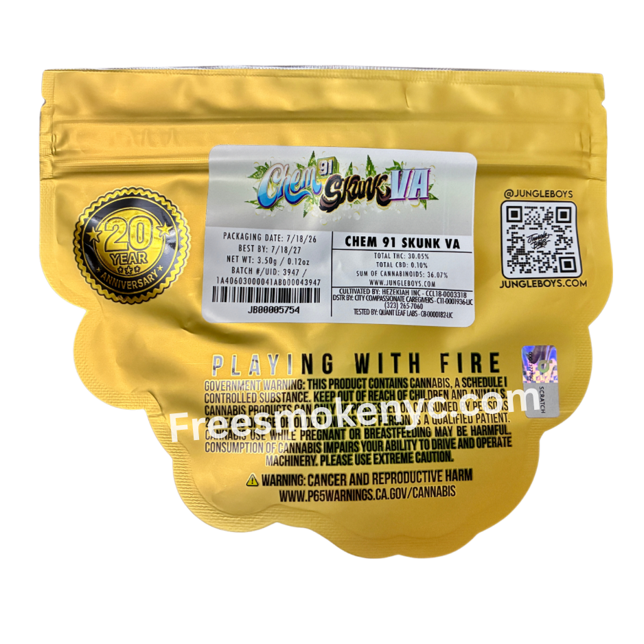 Jungle Boys hybrid strain Chem 91 Skynk VA packaging on a transparent background 