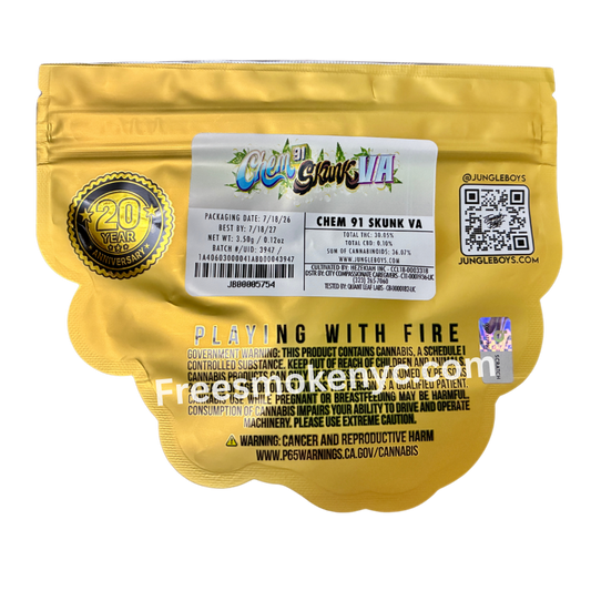 Jungle Boys hybrid strain Chem 91 Skynk VA packaging on a transparent background 