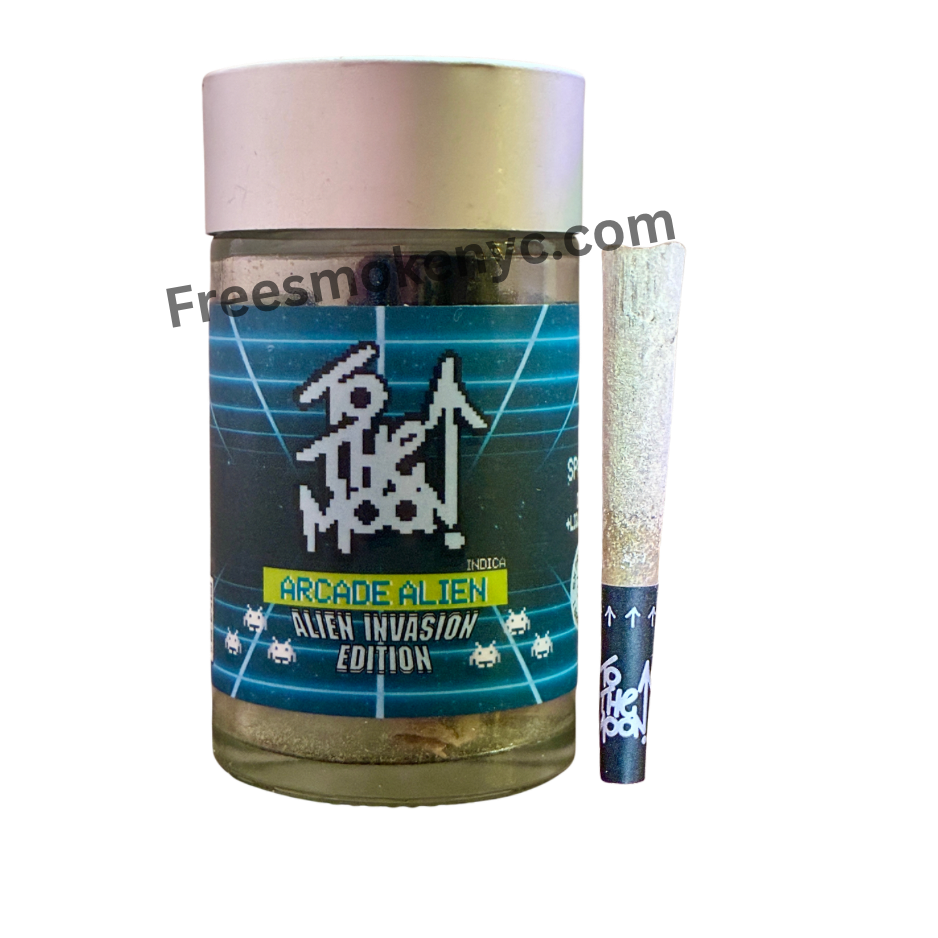 To the Moon Arcade Alien mini infused preroll and packaging on a transparent background