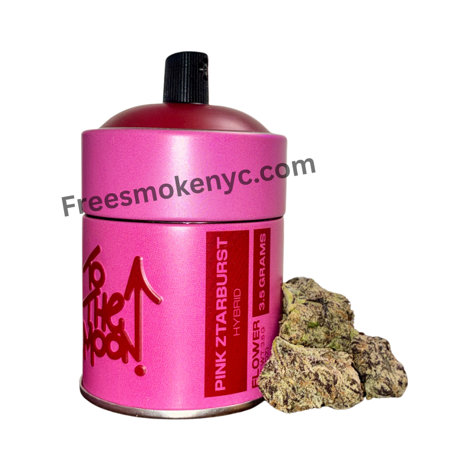 To the Moon Pink ZTARBURST cannabis buds and packaging on a transparent background 