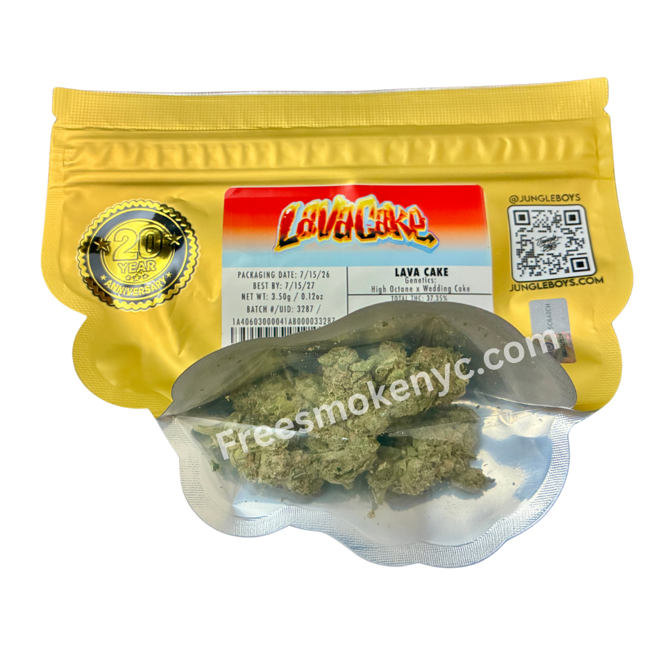 Jungle Boys hybrid strain Lava Cake Cannabis buds and packaging on a transparent background 