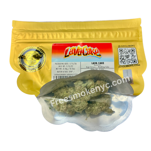 Jungle Boys hybrid strain Lava Cake Cannabis buds and packaging on a transparent background 