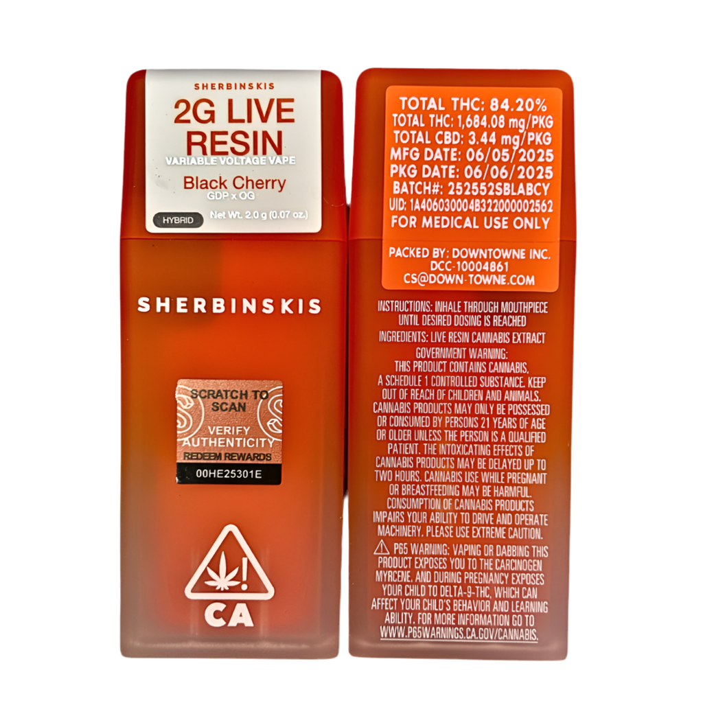 SHERBINSKI “BLACK CHERRY” 2G LIVE RESIN DISPOSABLE; HYBRID STRAIN 