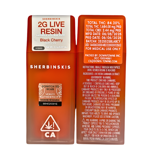 SHERBINSKI “BLACK CHERRY” 2G LIVE RESIN DISPOSABLE; HYBRID STRAIN 