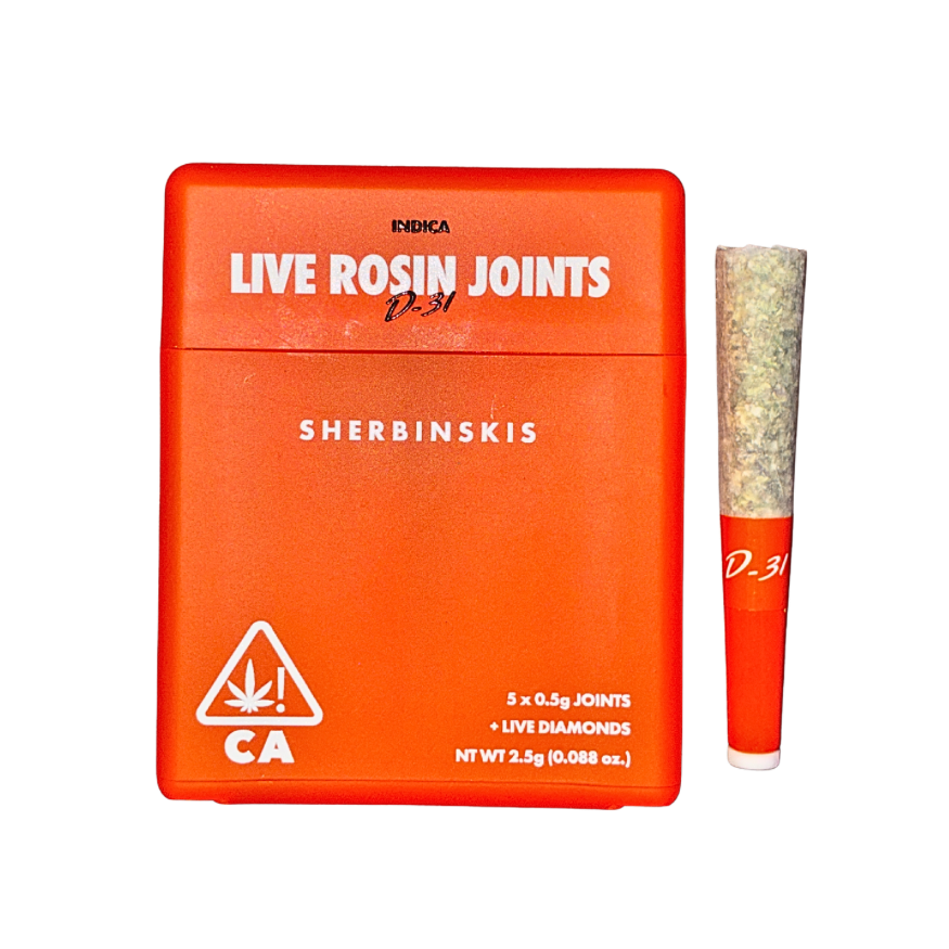 Sherbinskis D-31 indica strain live rosin-infused pre-roll multipack showcasing sophisticated packaging and a pre-roll on a transparent background.