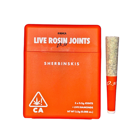 Sherbinskis D-31 indica strain live rosin-infused pre-roll multipack showcasing sophisticated packaging and a pre-roll on a transparent background.