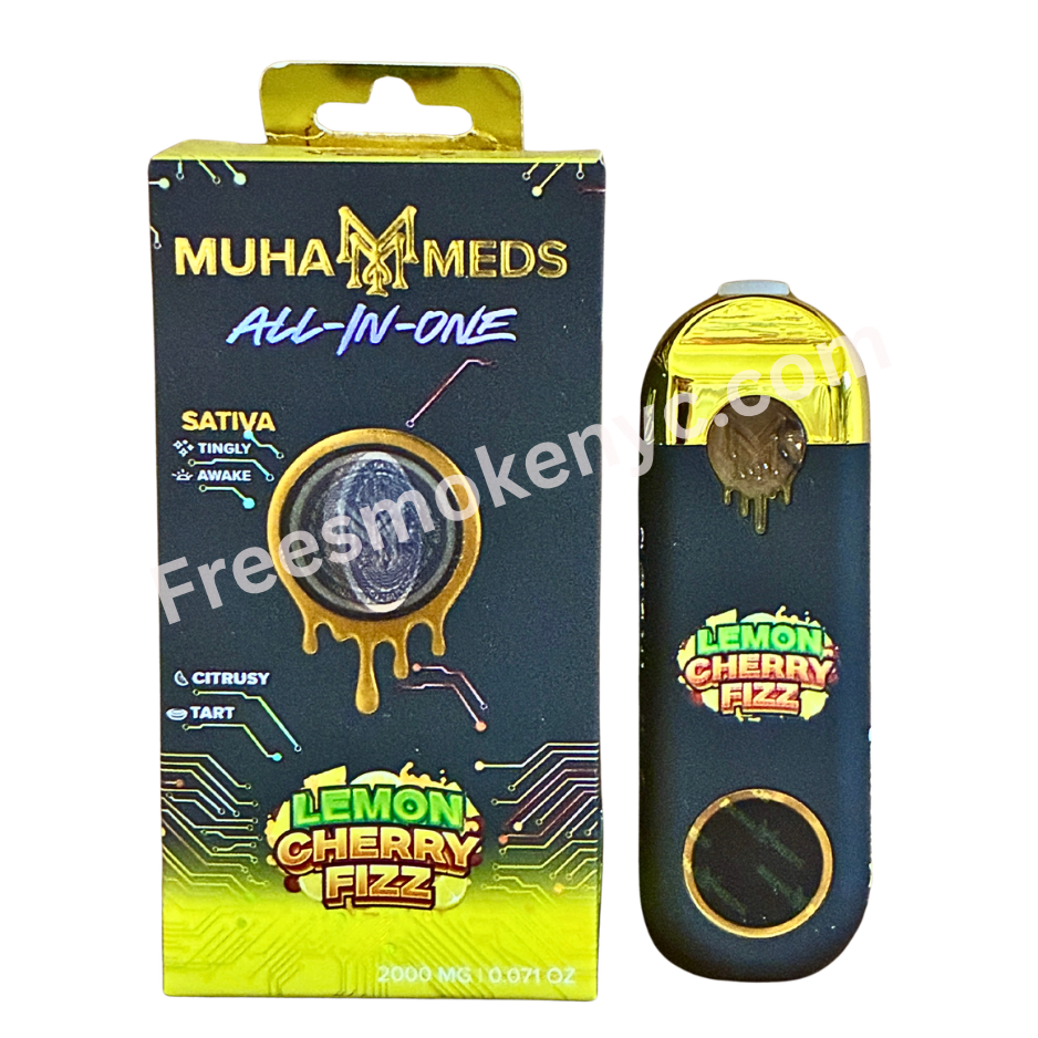 Muha Meds Lemon Cherry Fizz Sativa 2g Disposable Vape Pen and packaging on a transparent background 
