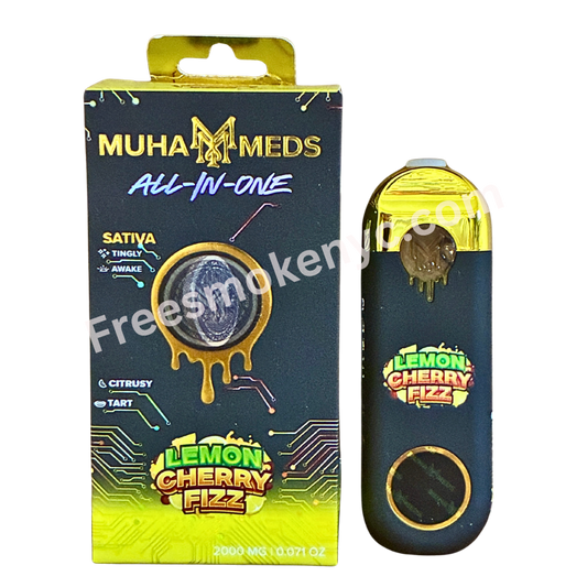 Muha Meds Lemon Cherry Fizz Sativa 2g Disposable Vape Pen and packaging on a transparent background 