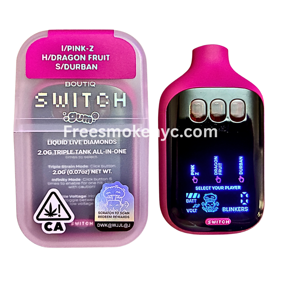 Boutiq Switch Gum Edition 3 strains in 1 Pink-Z, Dragon Fruit, Durban disposable vape device on transparent background 