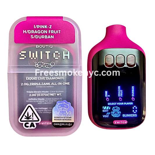 Boutiq Switch Gum Edition 3 strains in 1 Pink-Z, Dragon Fruit, Durban disposable vape device on transparent background 