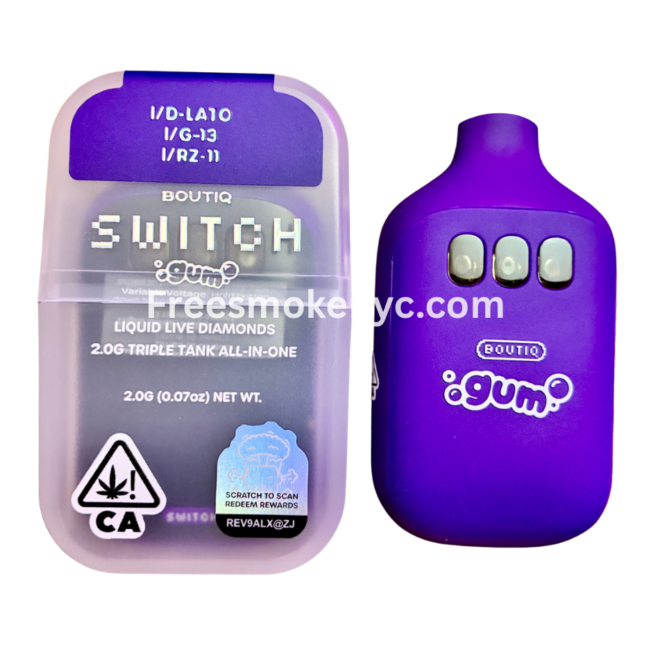 Experience the Boutiq Switch Gum Edition 2g triple tank vape. Featuring D-Lato, G-13, and RZ-11 Indica live diamonds at 90.90% THC.