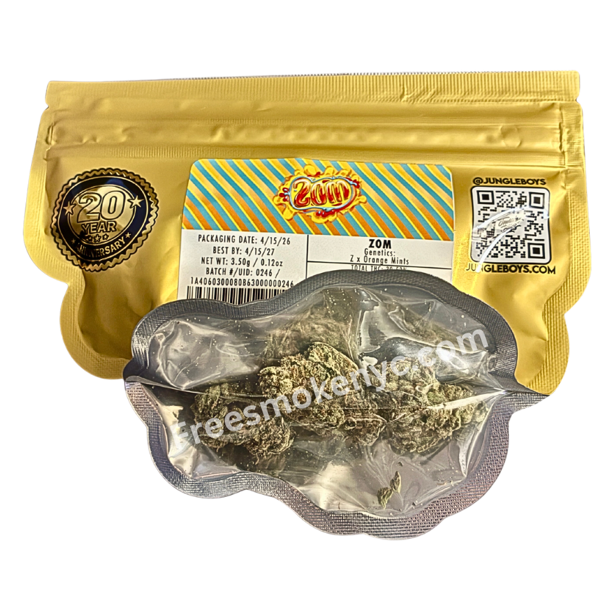 Jungle Boys hybrid strain Zom product packaging and cannabis flower on a transparent background