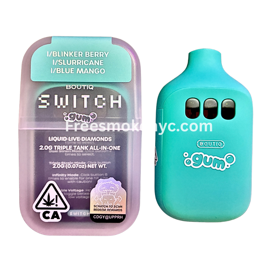 Boutiq Switch Gum Edition 3 strains in 1 disposable vape on transparent background 