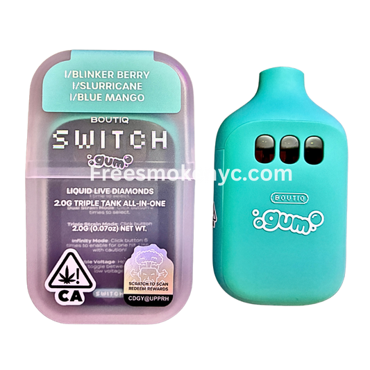 Boutiq Switch Gum Edition 3 strains in 1 disposable vape on transparent background 