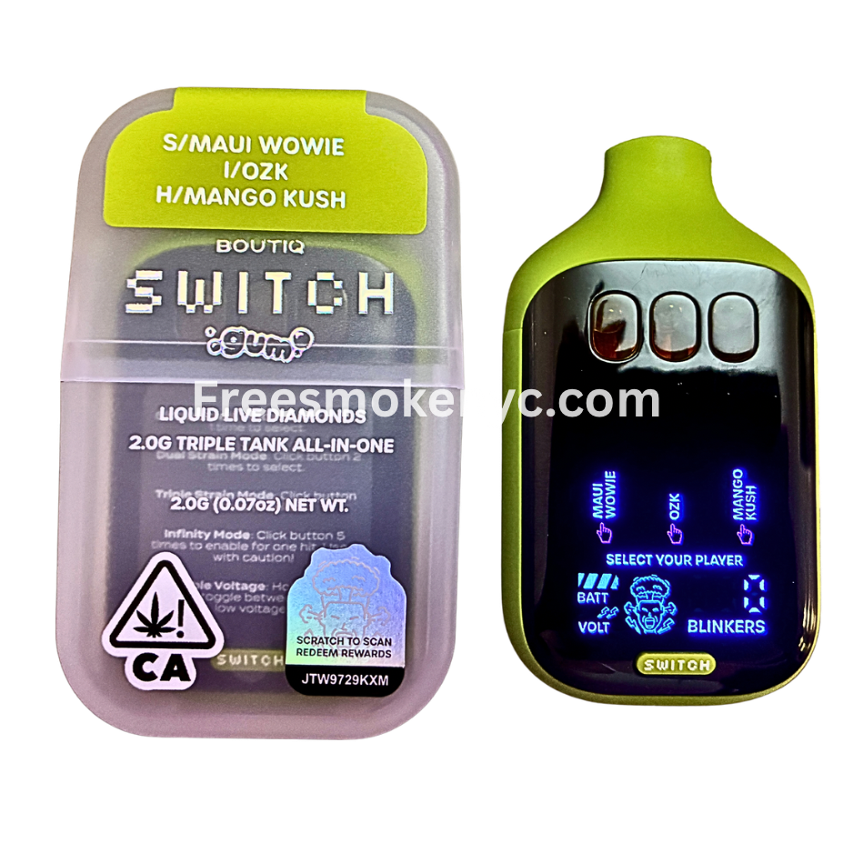 Boutiq Switch Gum Edition 3 strains in 1 Maui Wowie, OZK, Mango Kush disposable vape device on transparent background 
