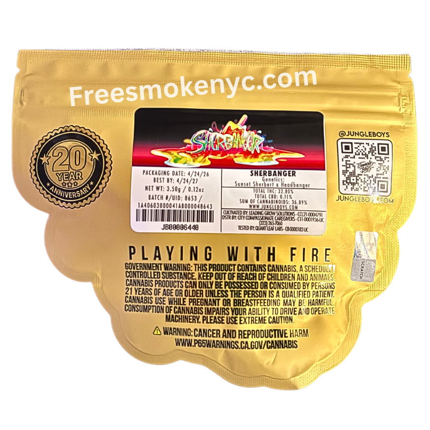Jungle Boys Sherbanger hybrid strain packaging and information on a transparent background 