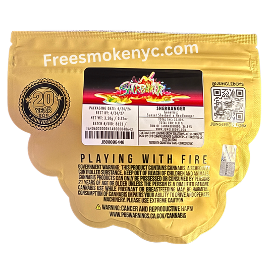 Jungle Boys Sherbanger hybrid strain packaging and information on a transparent background 