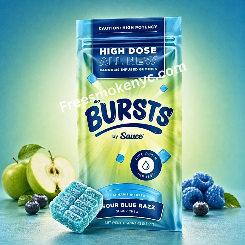 Bursts by Sauce Sour Blue Razz Live Resin Infused Gummy and packaging on a colorful background 