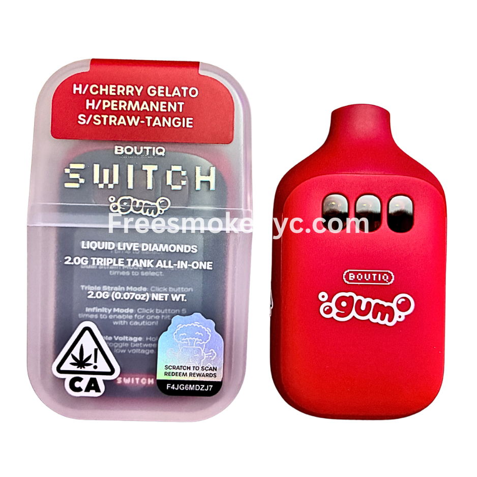 Boutiq Switch Gum Edition 3 strains in 1 disposable vape on transparent background 