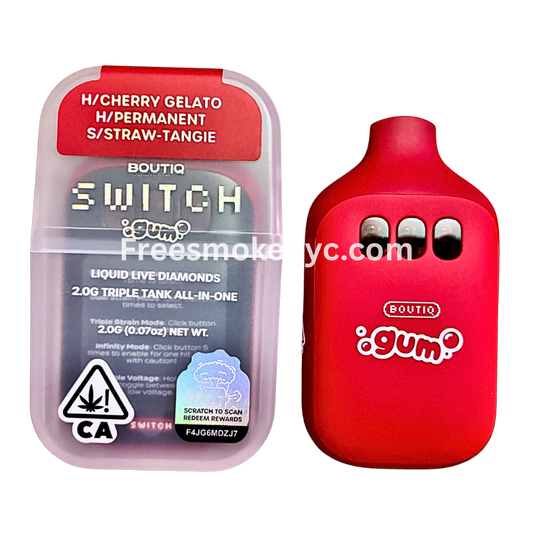 Boutiq Switch Gum Edition 3 strains in 1 disposable vape on transparent background 