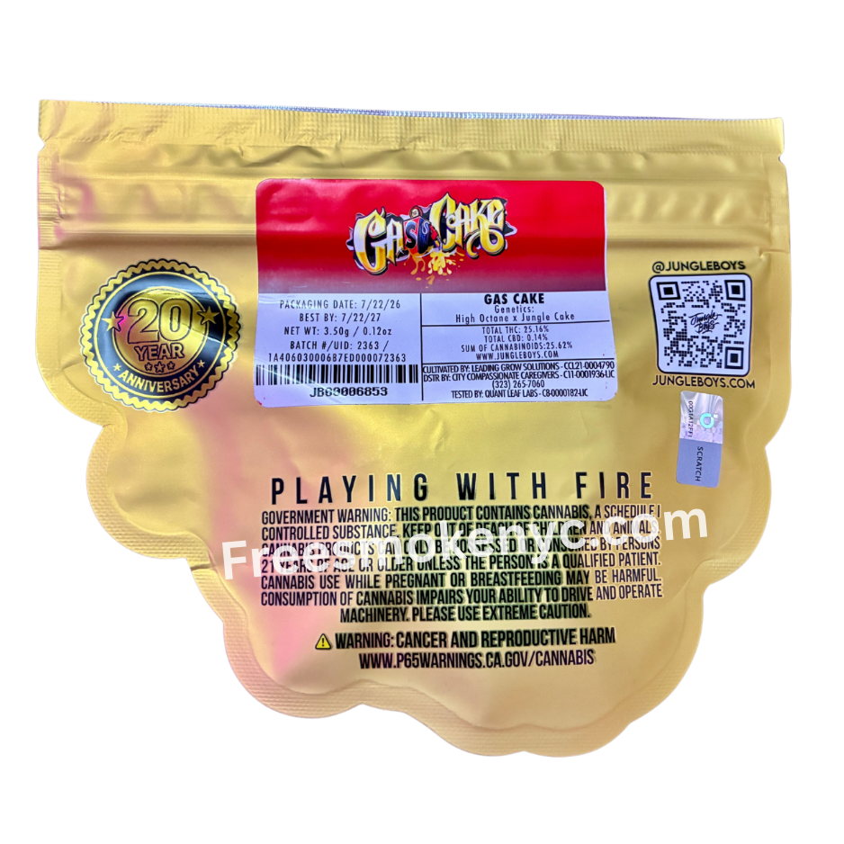 Jungle Boys hybrid strain Gas Cake packaging on a transparent background 