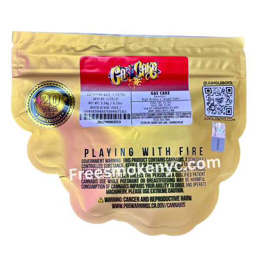 Jungle Boys hybrid strain Gas Cake packaging on a transparent background 