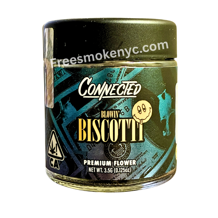 Connected Cannabis Co. hybrid strain Blowin’ Biscotti packaging on transparent background 