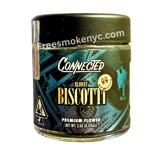 Connected Cannabis Co. hybrid strain Blowin’ Biscotti packaging on transparent background 