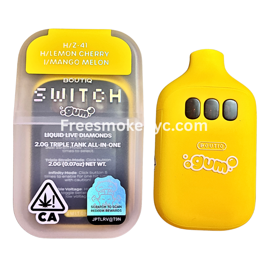 Boutiq Switch Gum Edition 3 strains in 1 Z-41, Lemon Cherry, Mango Melon disposable vape device on transparent background 