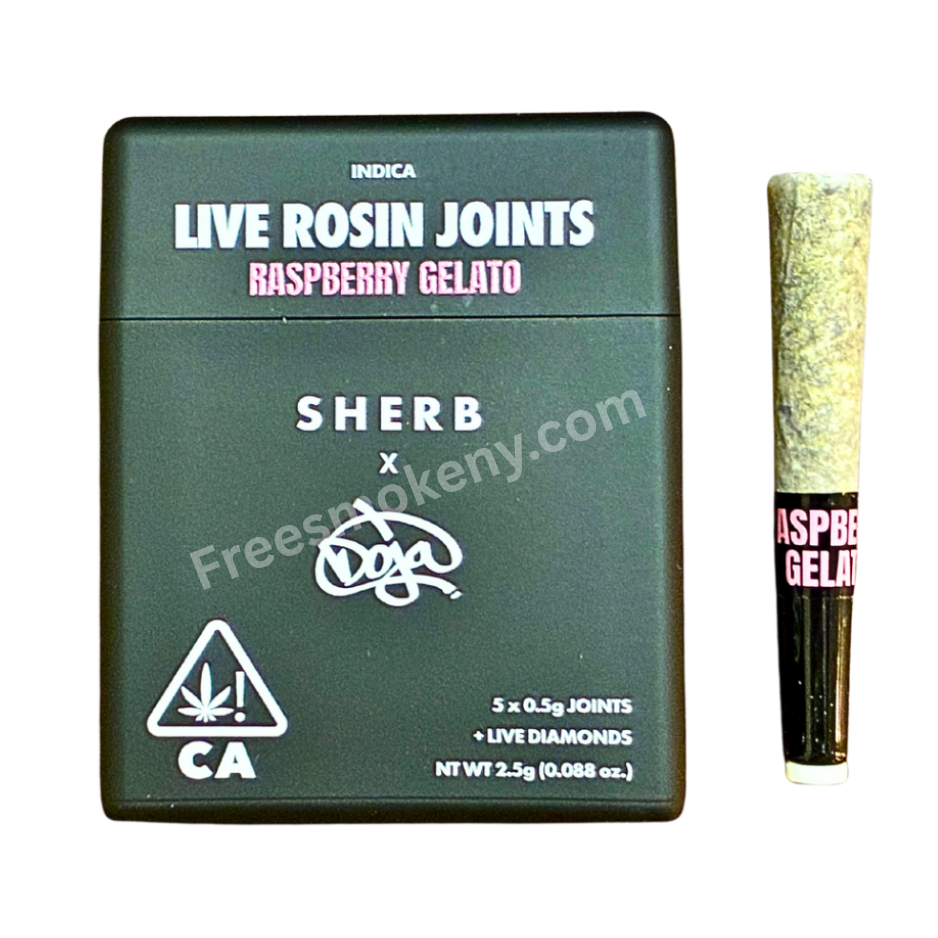 Sherbinski x Doja Raspberry Gelato infused pre-roll and packaging on a transparent background