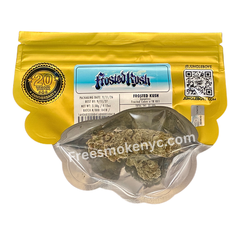 Jungle Boys Frosted Kush packaging and cannabis flower on a transparent background 