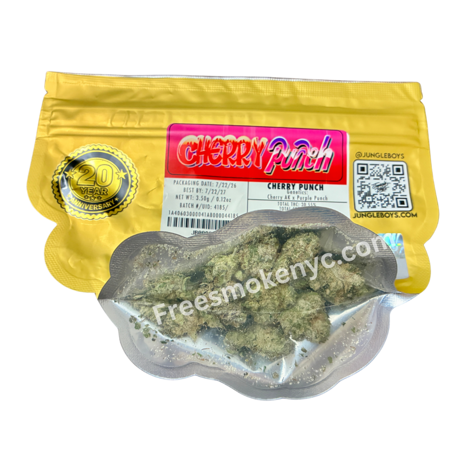 Jungle Boys hybrid strain Cherry Punch Cannabis buds and packaging on a transparent background 