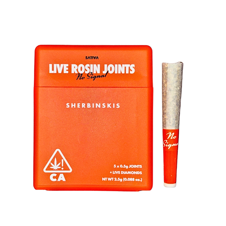 Sherbinskis No Signal sativa strain live rosin-infused pre-roll multipack featuring sleek packaging and a pre-roll on a transparent background