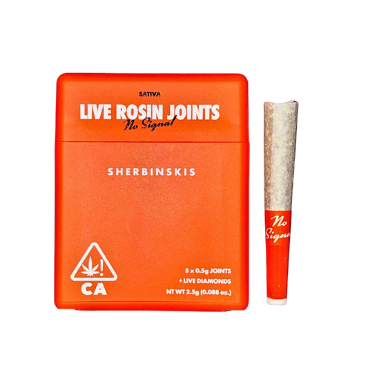 Sherbinskis No Signal sativa strain live rosin-infused pre-roll multipack featuring sleek packaging and a pre-roll on a transparent background