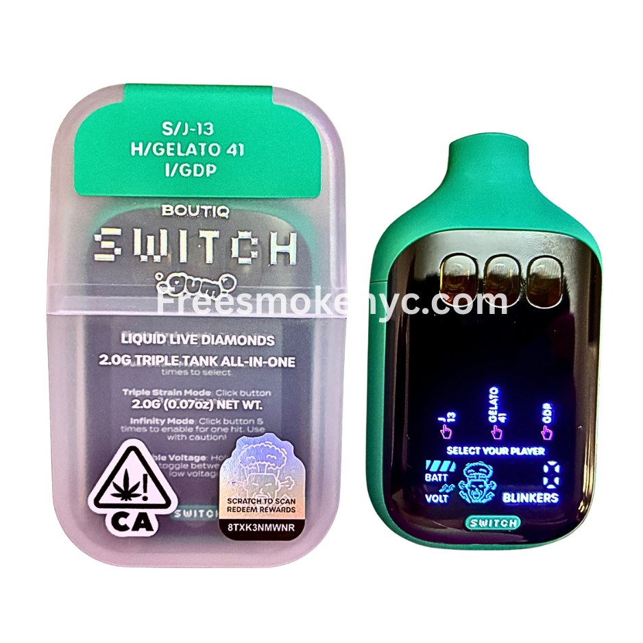 Boutiq Switch Gum Edition 3 strains in 1 J-13, Gelato 41, GDP disposable vape device on transparent background 