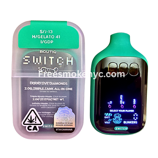 Boutiq Switch Gum Edition 3 strains in 1 J-13, Gelato 41, GDP disposable vape device on transparent background 