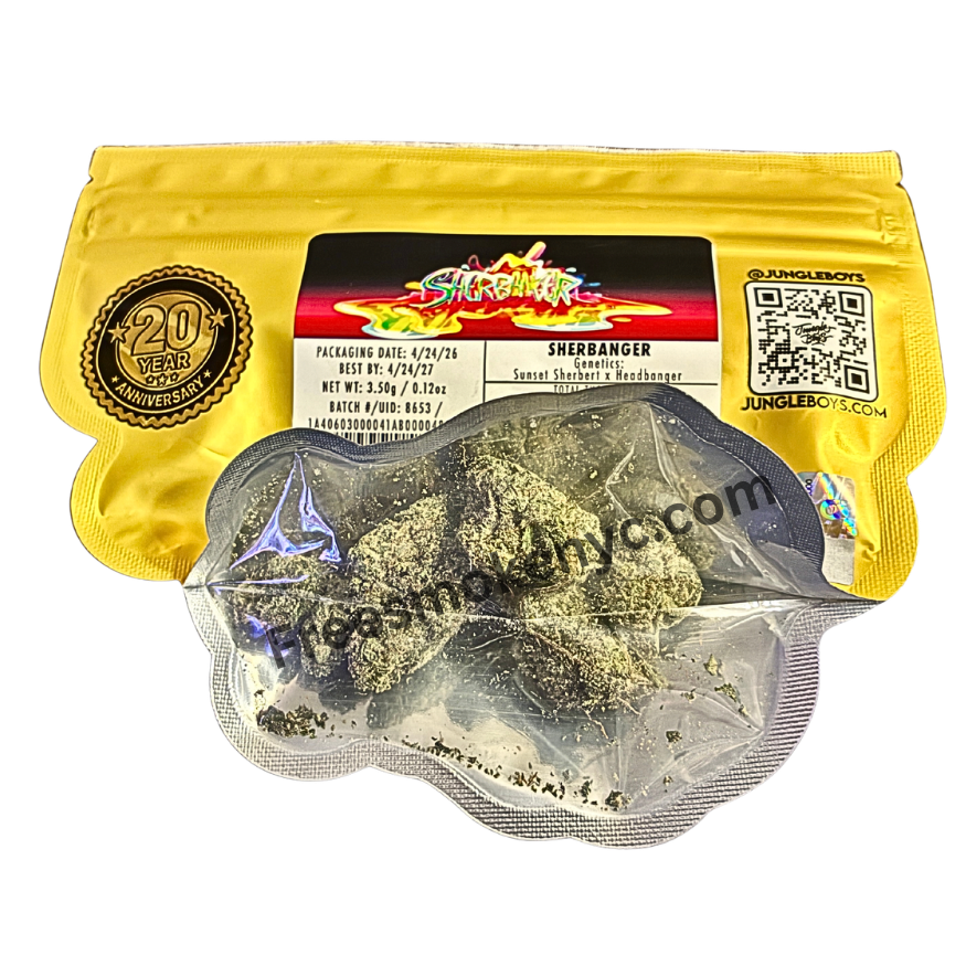 Jungle Boys Sherbanger hybrid strain packaging and flower on a transparent background 