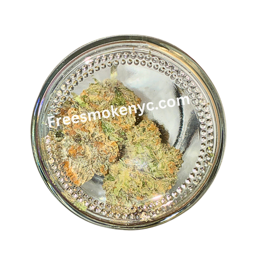 Glass jar with blowin biscotti strain cannabis buds on a transparent background