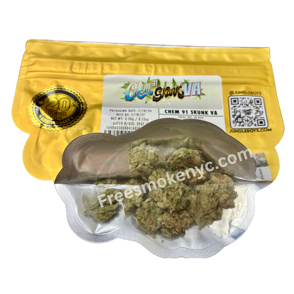 Jungle Boys hybrid strain Chem 91 Skynk VA Cannabis buds and packaging on a transparent background 