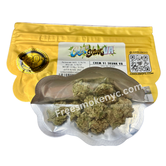 Jungle Boys hybrid strain Chem 91 Skynk VA Cannabis buds and packaging on a transparent background 